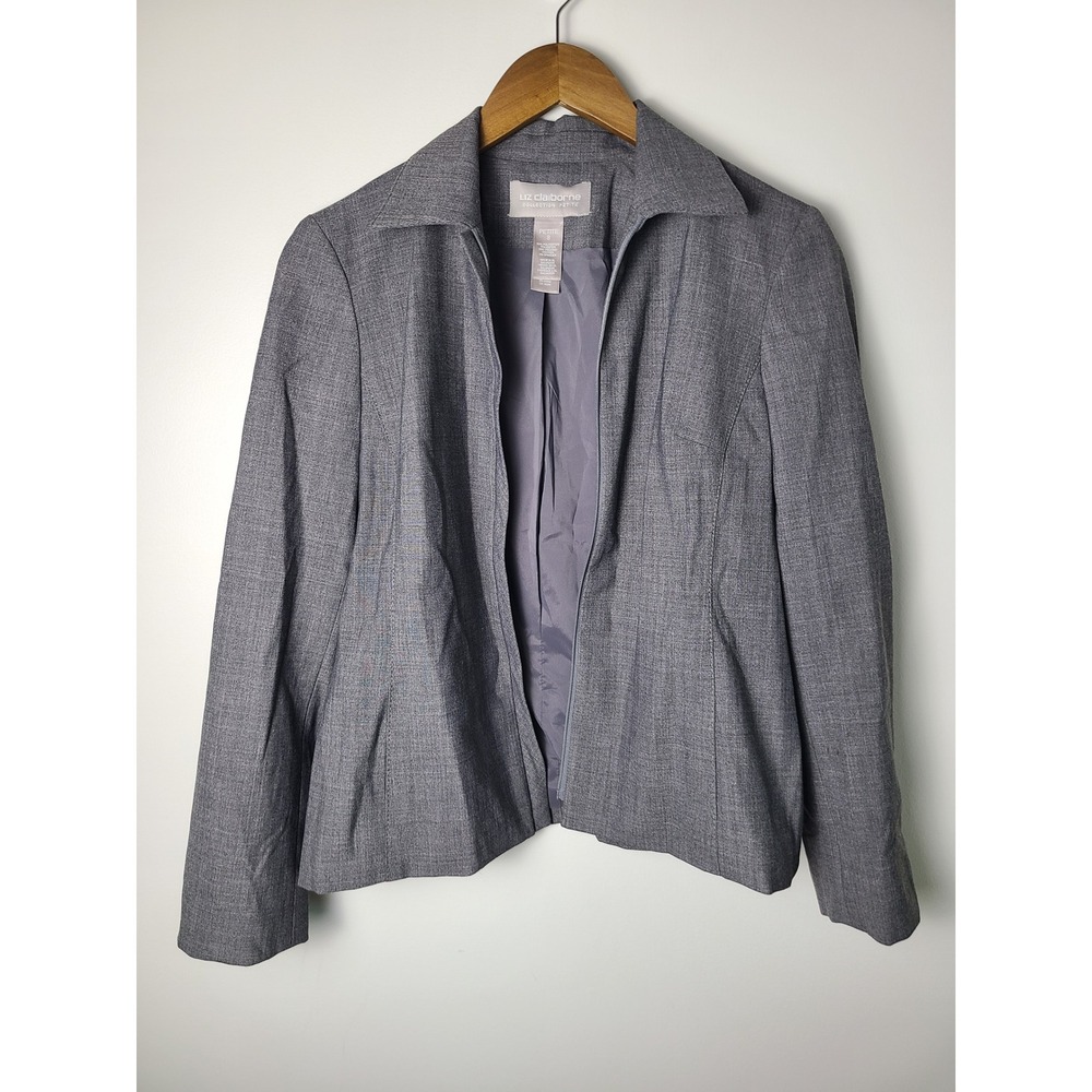 Liz Claiborne Collection 8P Gray Zip Front Blazer Jacket Professional Office